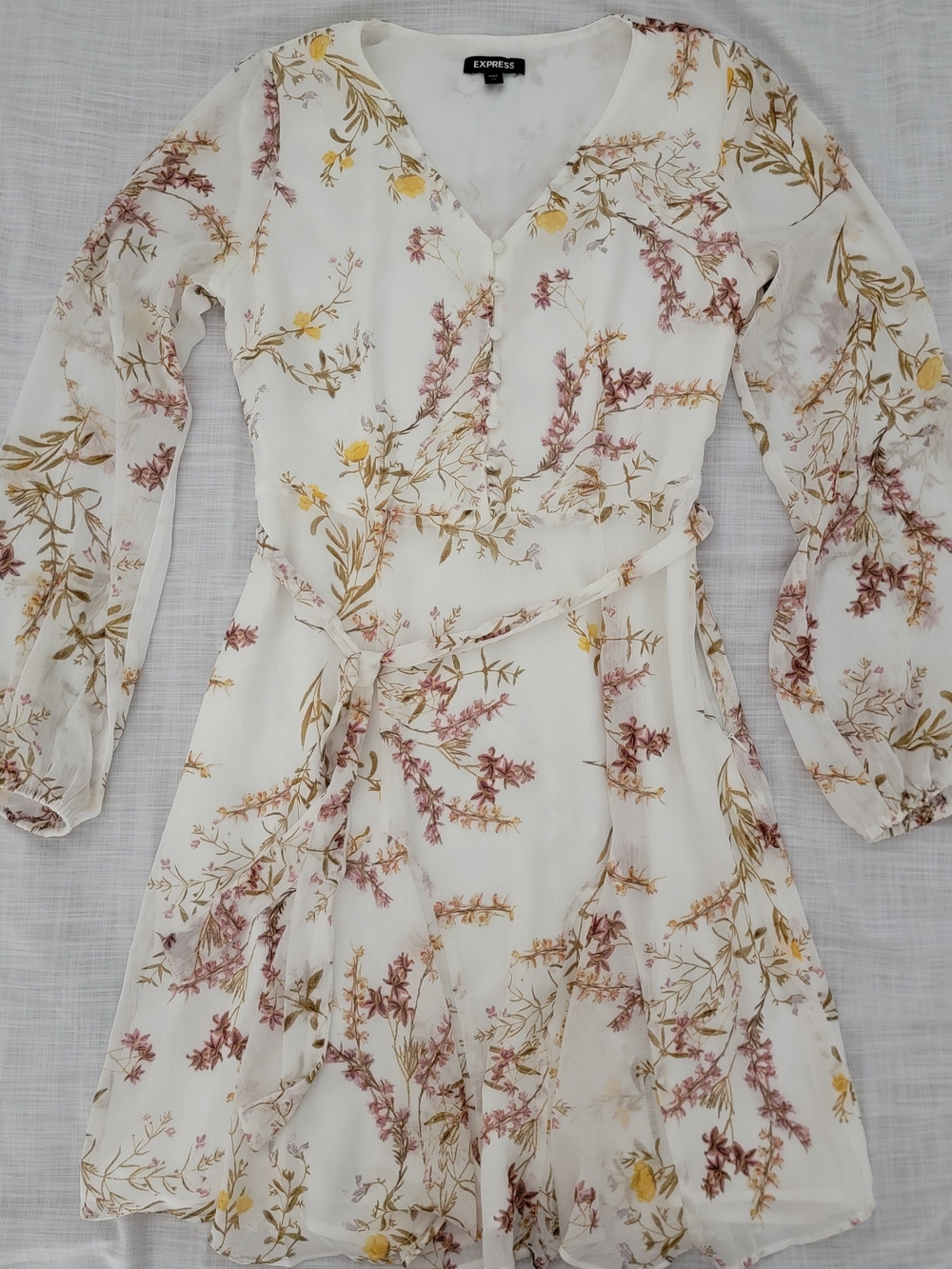 Express Cream Floral Long Sleeve Wrap Dress with Pink & Yellow Sprigs